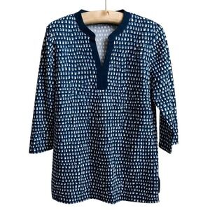 J. McLaughlin Blue Geometric Split V-Neck Tunic Top 3/4 Sleeve Size Medium - CJ